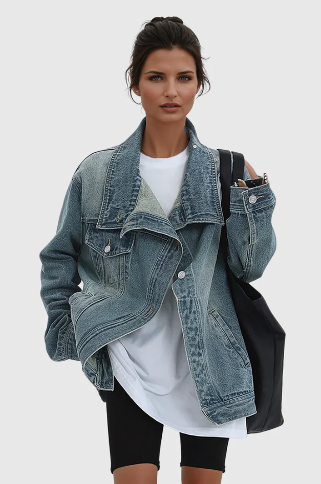 Effortless Denim Jacket for Women with Stand Collar Long Sleeve Distressed Oversized Style