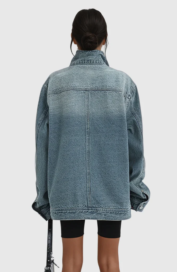 Effortless Denim Jacket for Women with Stand Collar Long Sleeve Distressed Oversized Style