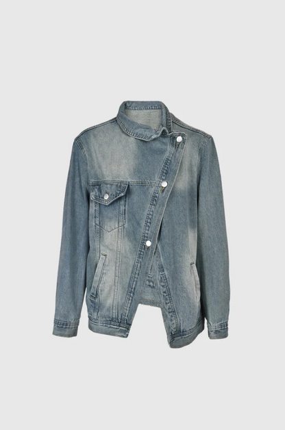 Effortless Denim Jacket for Women with Stand Collar Long Sleeve Distressed Oversized Style