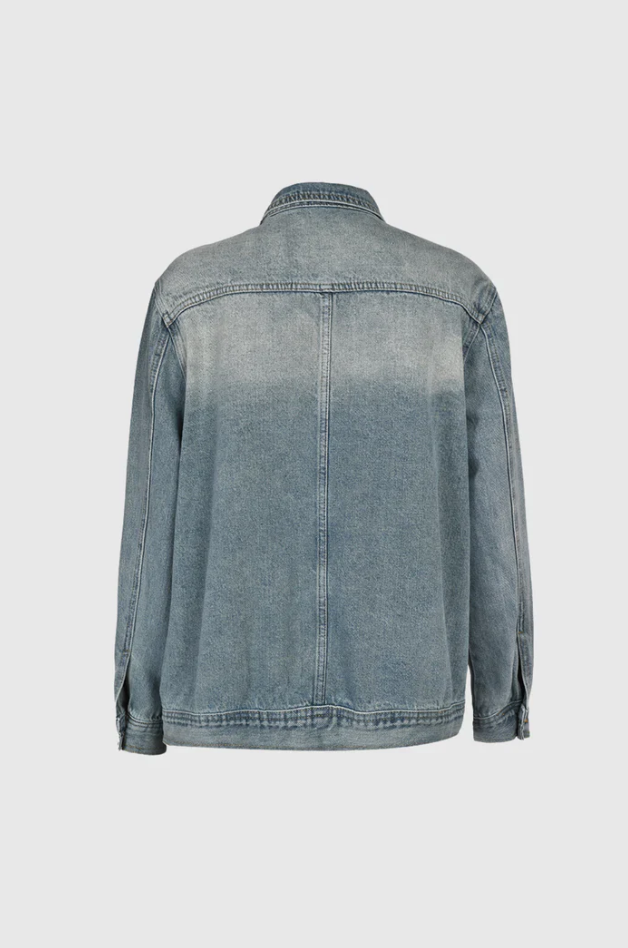 Effortless Denim Jacket for Women with Stand Collar Long Sleeve Distressed Oversized Style