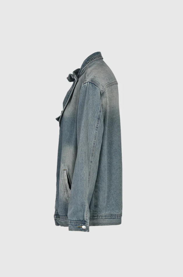 Effortless Denim Jacket for Women with Stand Collar Long Sleeve Distressed Oversized Style