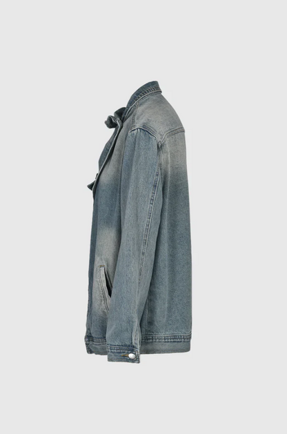 Effortless Denim Jacket for Women with Stand Collar Long Sleeve Distressed Oversized Style