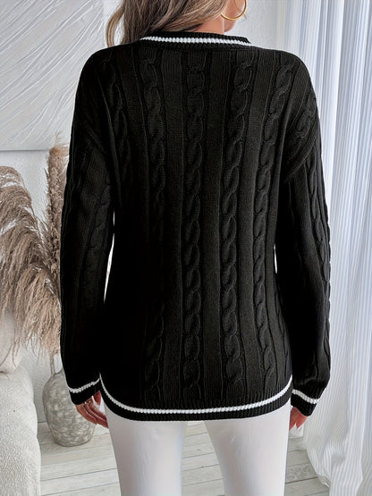 Comfortable Cable Knit Sweater for Women with V Neck Long Sleeve Striped Trim Relaxed Oversized Style