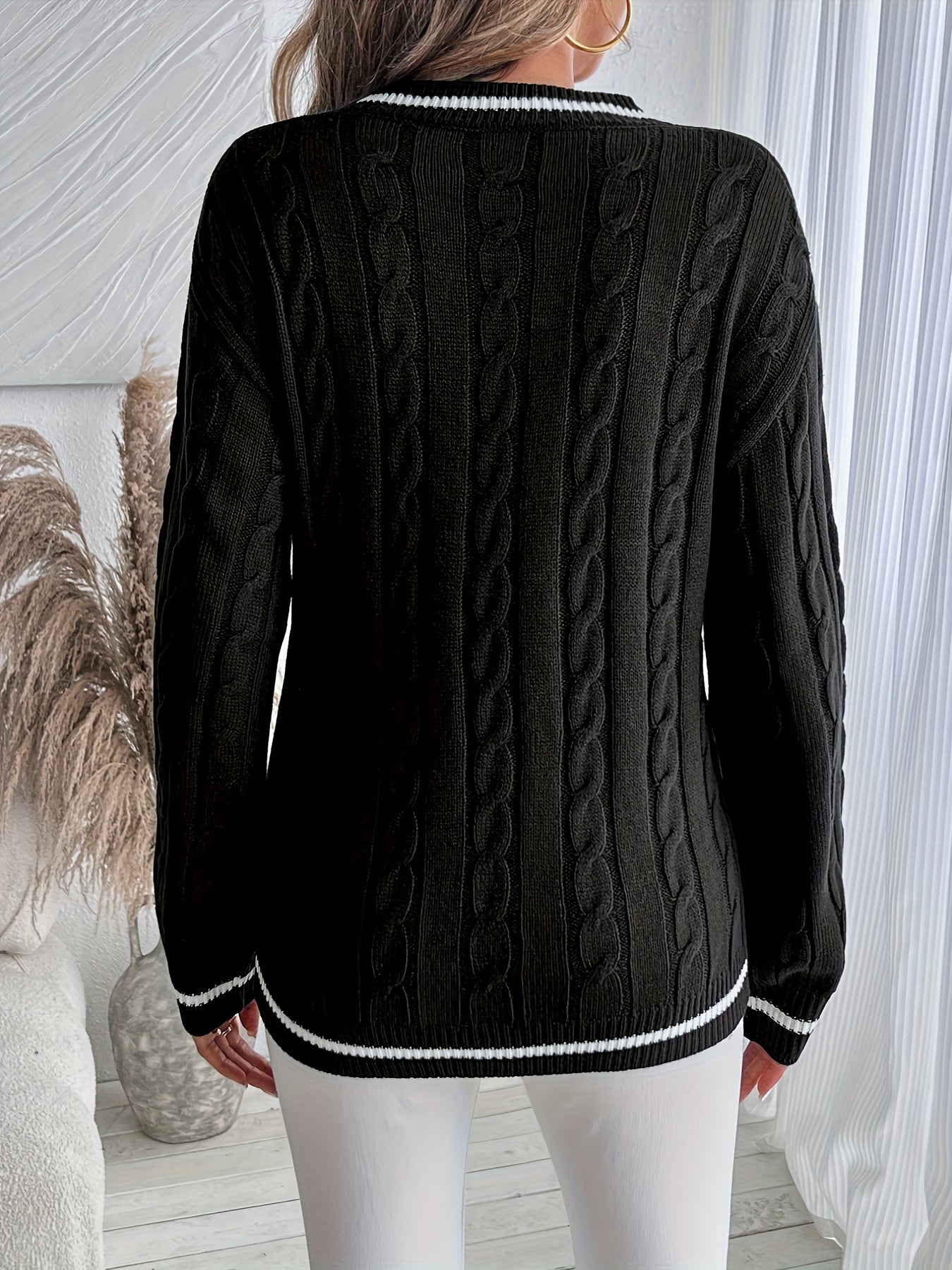 Comfortable Cable Knit Sweater for Women with V Neck Long Sleeve Striped Trim Oversized Knit Style