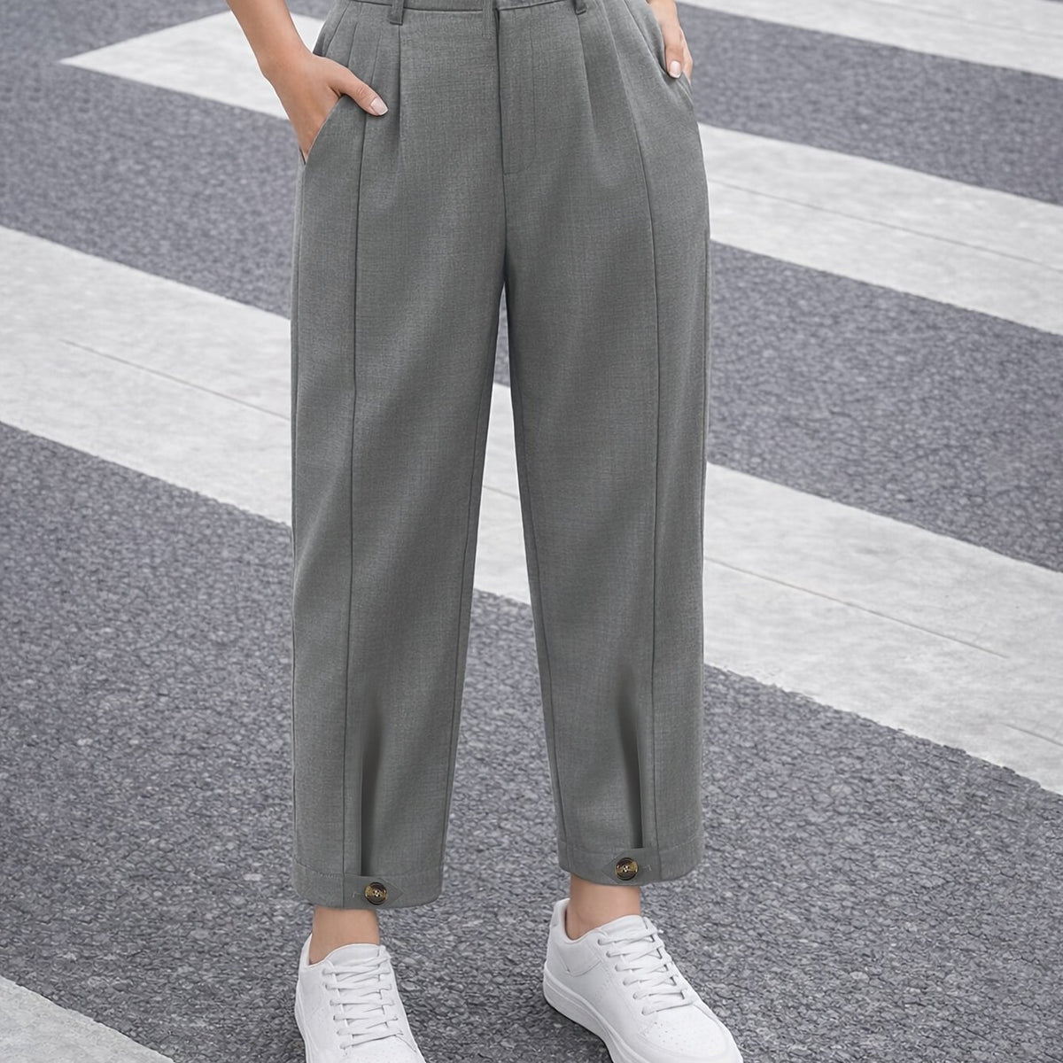 Elegant Tailored Trousers for Women with High Waist Pleated Tapered Ankle Button Cuff Style