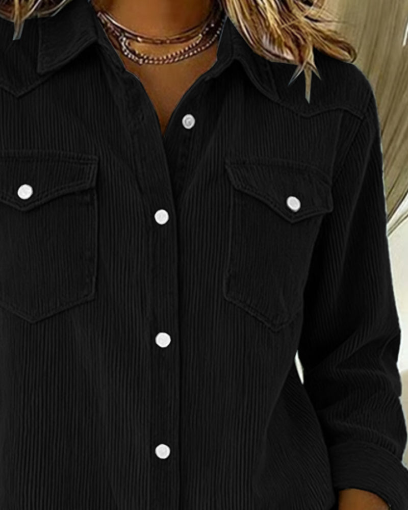 Effortless Corduroy Collar Shirt for Women with Long Sleeve Button Front Chest Pocket Relaxed Style