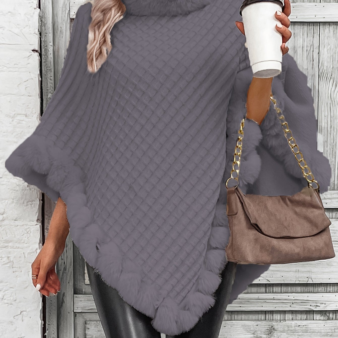 Comfortable Faux Fur Trim Poncho for Women with Turtleneck Batwing Sleeve Asymmetric Oversized Knit Style