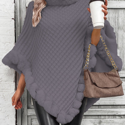 Comfortable Faux Fur Trim Poncho for Women with Turtleneck Batwing Sleeve Asymmetric Oversized Knit Style
