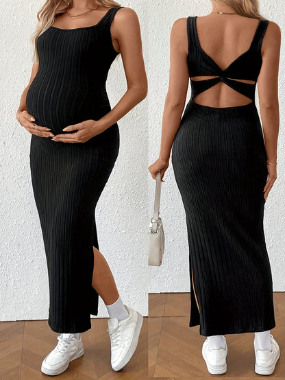Elegant Ribbed Knit Maternity Maxi Dress for Women with Square Neck Sleeveless Crisscross Back Bodycon Style