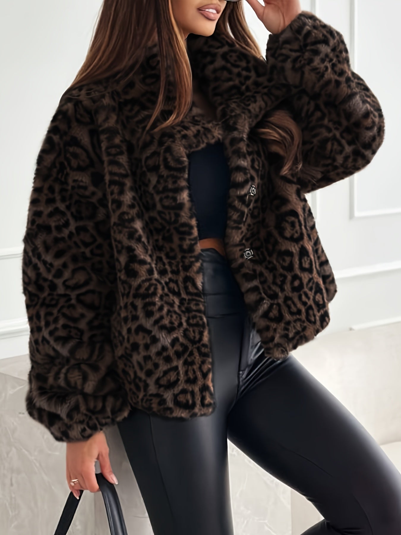 Cozy Leopard Print Flurry Coat for Women with Faux Fur Collar Long Sleeve Plush Warm Winter Style