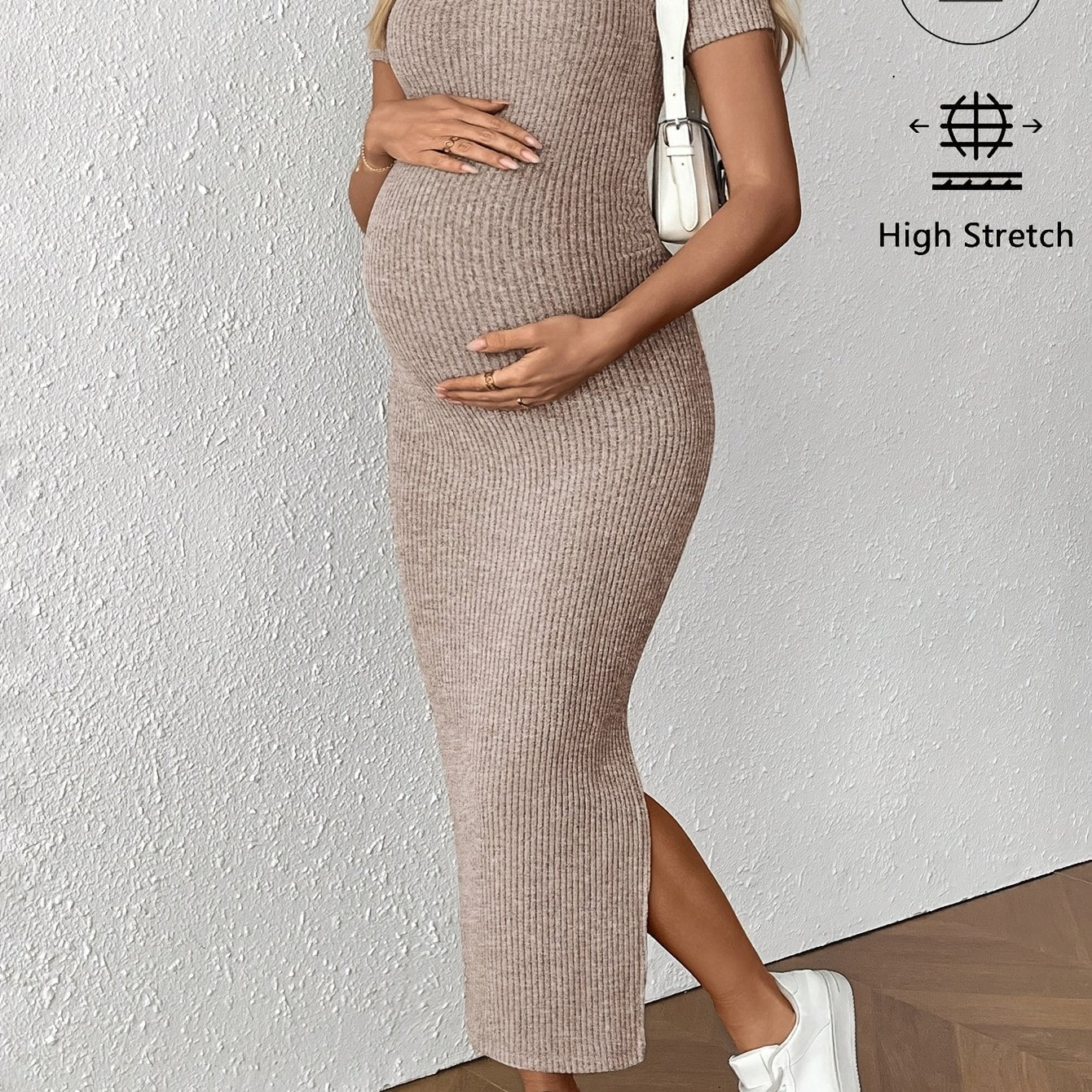 Comfortable Ribbed Knit Maternity Maxi Dress for Women with Square Neck Short Sleeve Bodycon Side Slit Style