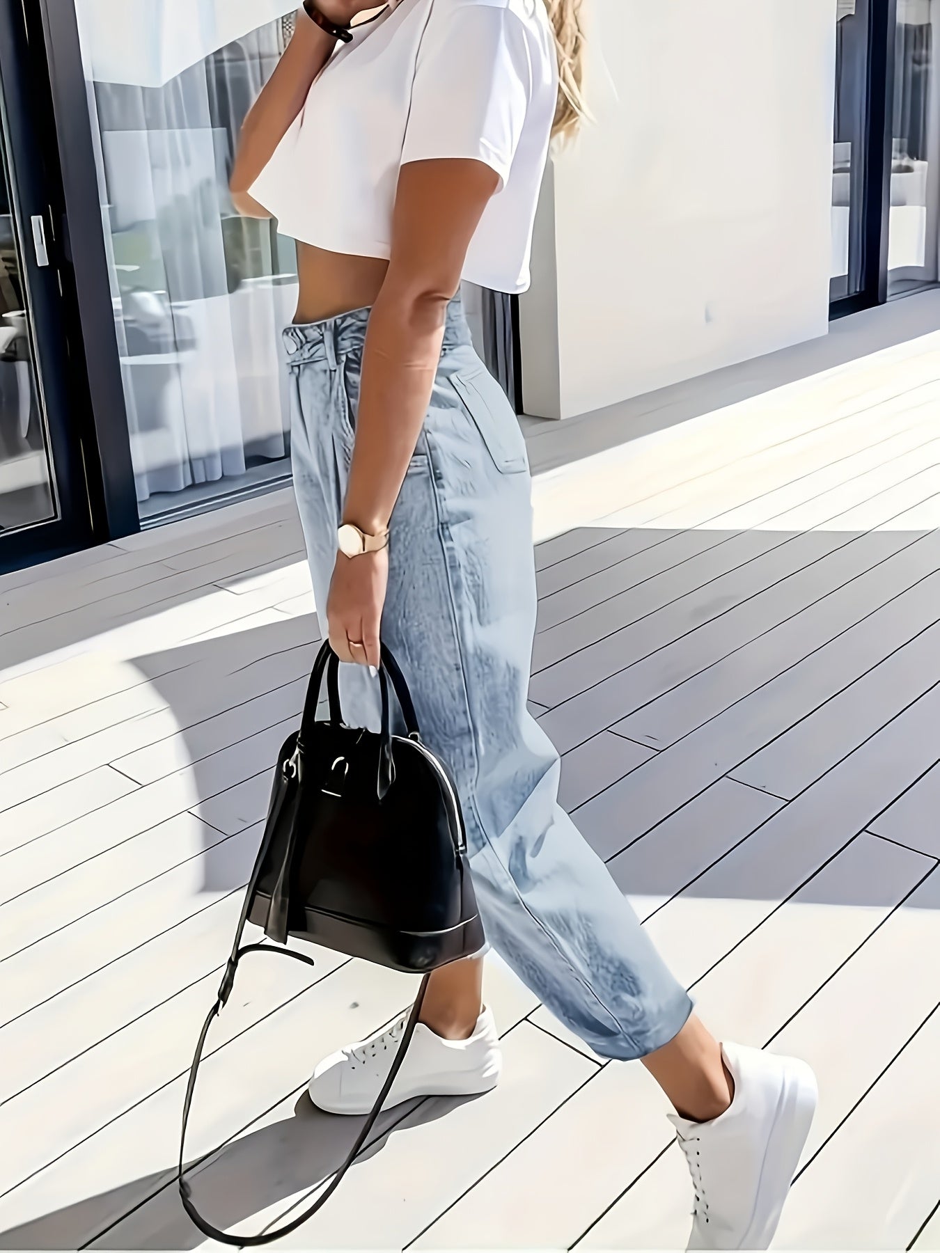 Effortless Light Blue Denim Mom Jeans for Women with High Waisted Pleated Tapered Cuffed Relaxed Style