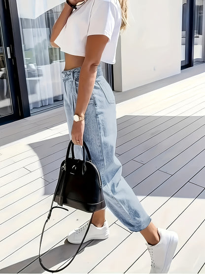 Effortless Light Blue Denim Mom Jeans for Women with High Waisted Pleated Tapered Cuffed Relaxed Style