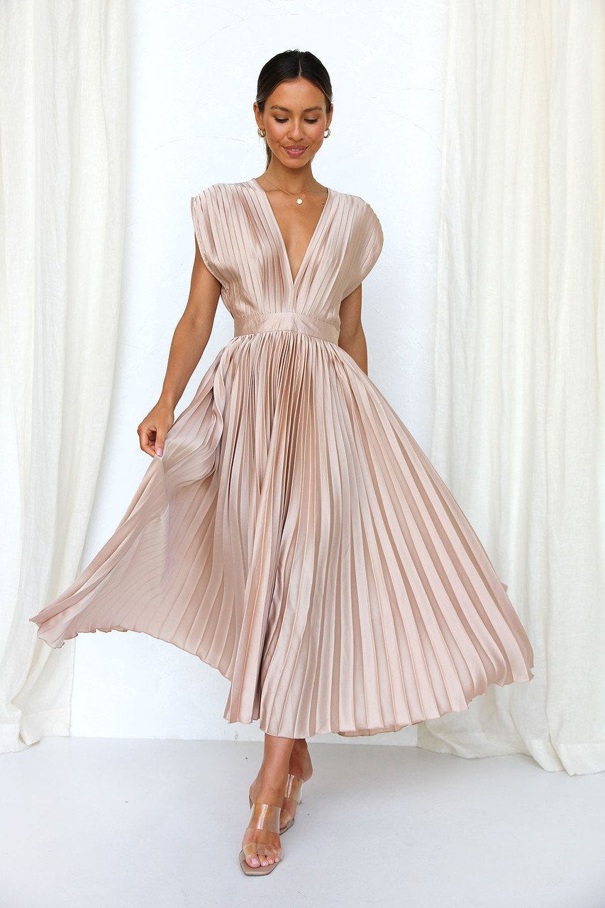Elegant Pleated Midi Dress for Women with Deep V Neck Formal Wedding Guest Style