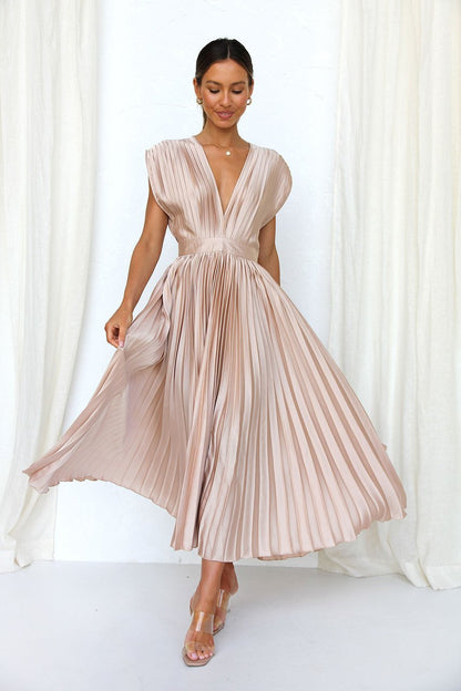 Elegant Pleated Midi Dress for Women with Deep V Neck Formal Wedding Guest Style