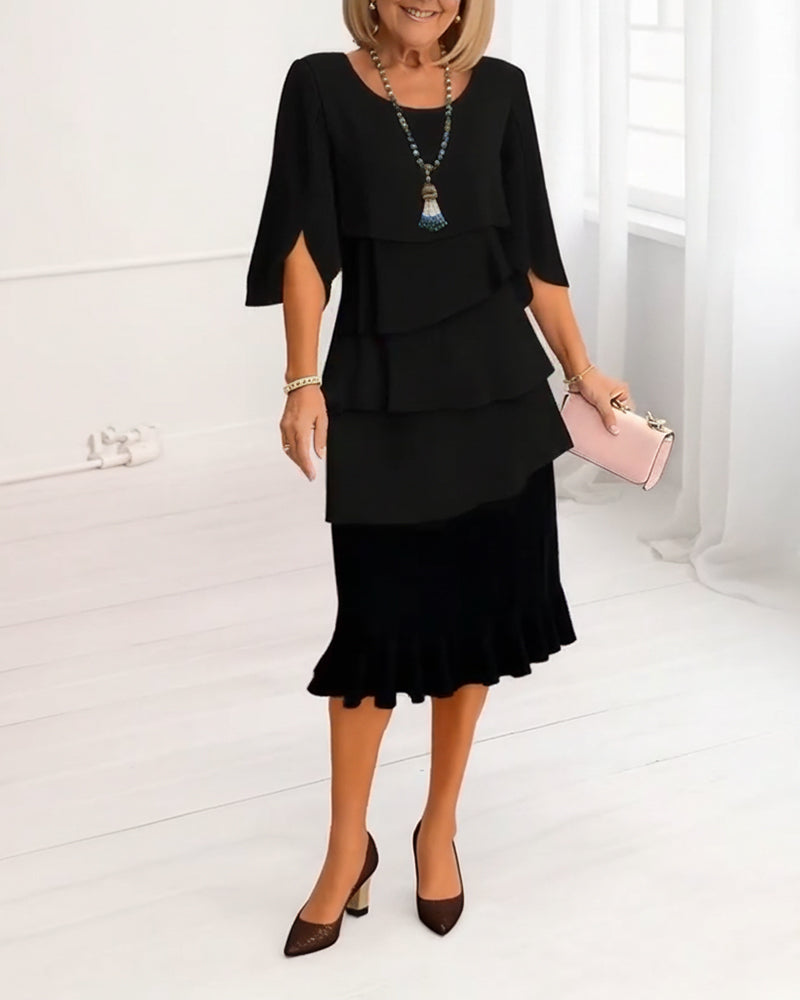 Elegant Tiered Little Black Dress for Women with Round Neck Flutter Sleeve Ruffle Hem Flowing Style