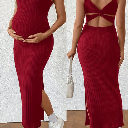 Elegant Ribbed Knit Maternity Maxi Dress for Women with Square Neck Sleeveless Crisscross Back Bodycon Style