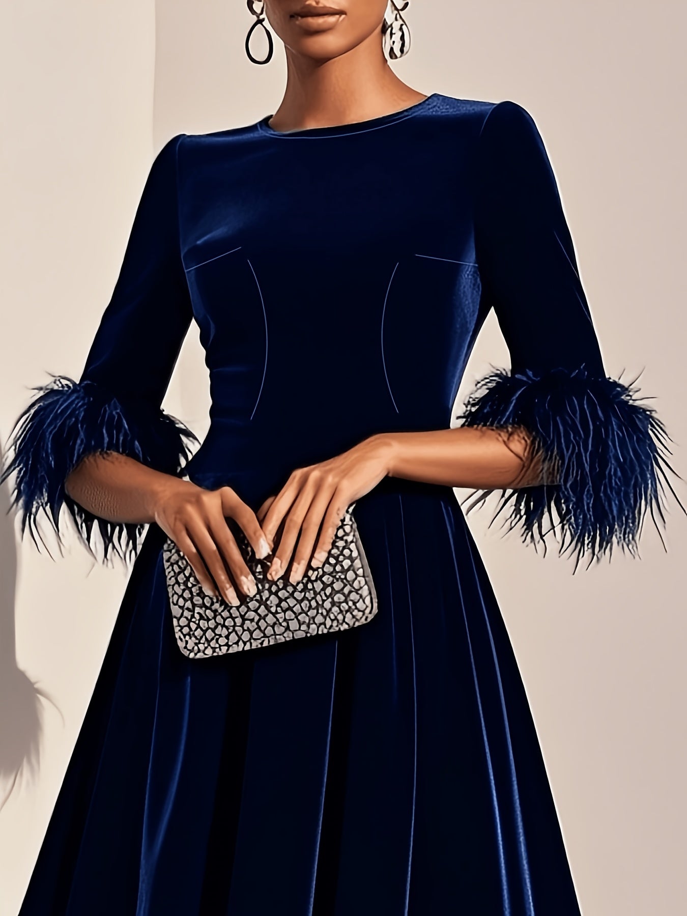 Elegant Velvet Semi Formal Dress for Women with Round Neck Feather Trim Sleeve Fit and Flare Midi Party Style