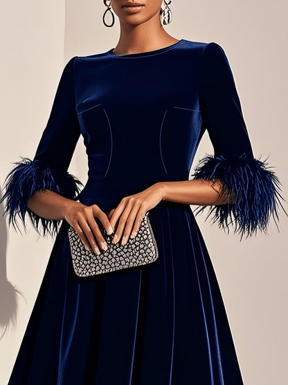Elegant Velvet Semi Formal Dress for Women with Round Neck Feather Trim Sleeve Fit and Flare Midi Party Style