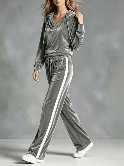 Cozy Velvet Sweatsuit for Women with Cowl Neck Long Sleeve Drawstring Side Stripe Relaxed Style