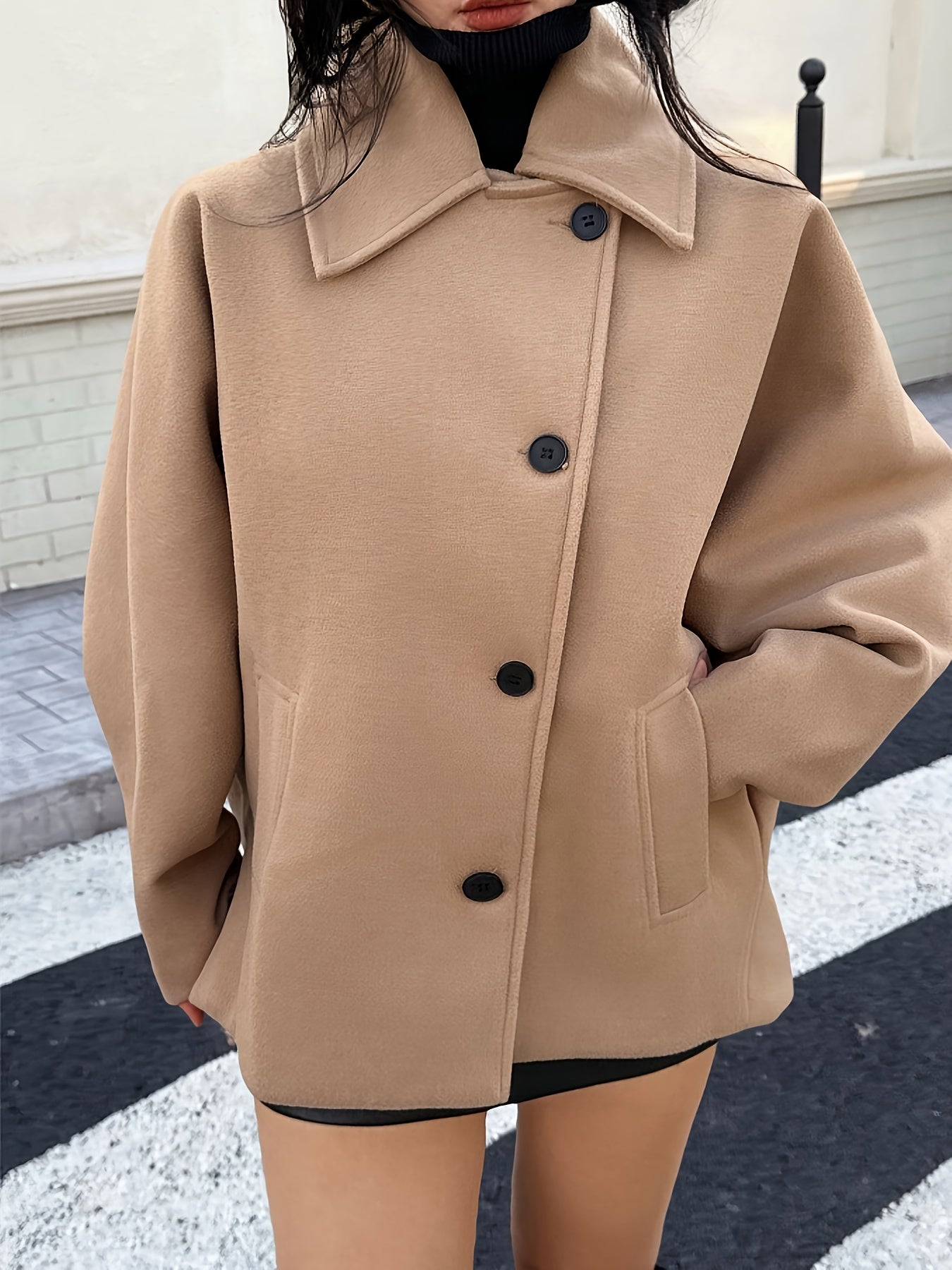 Elegant Khaki Wool Pea Coat for Women with Notched Collar Batwing Sleeve Oversized Button Front Style