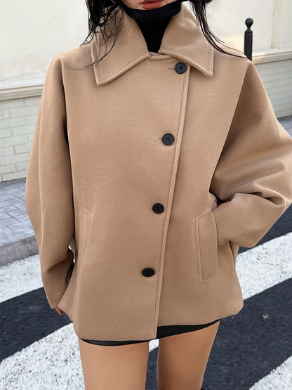 Elegant Khaki Wool Pea Coat for Women with Notched Collar Batwing Sleeve Oversized Button Front Style