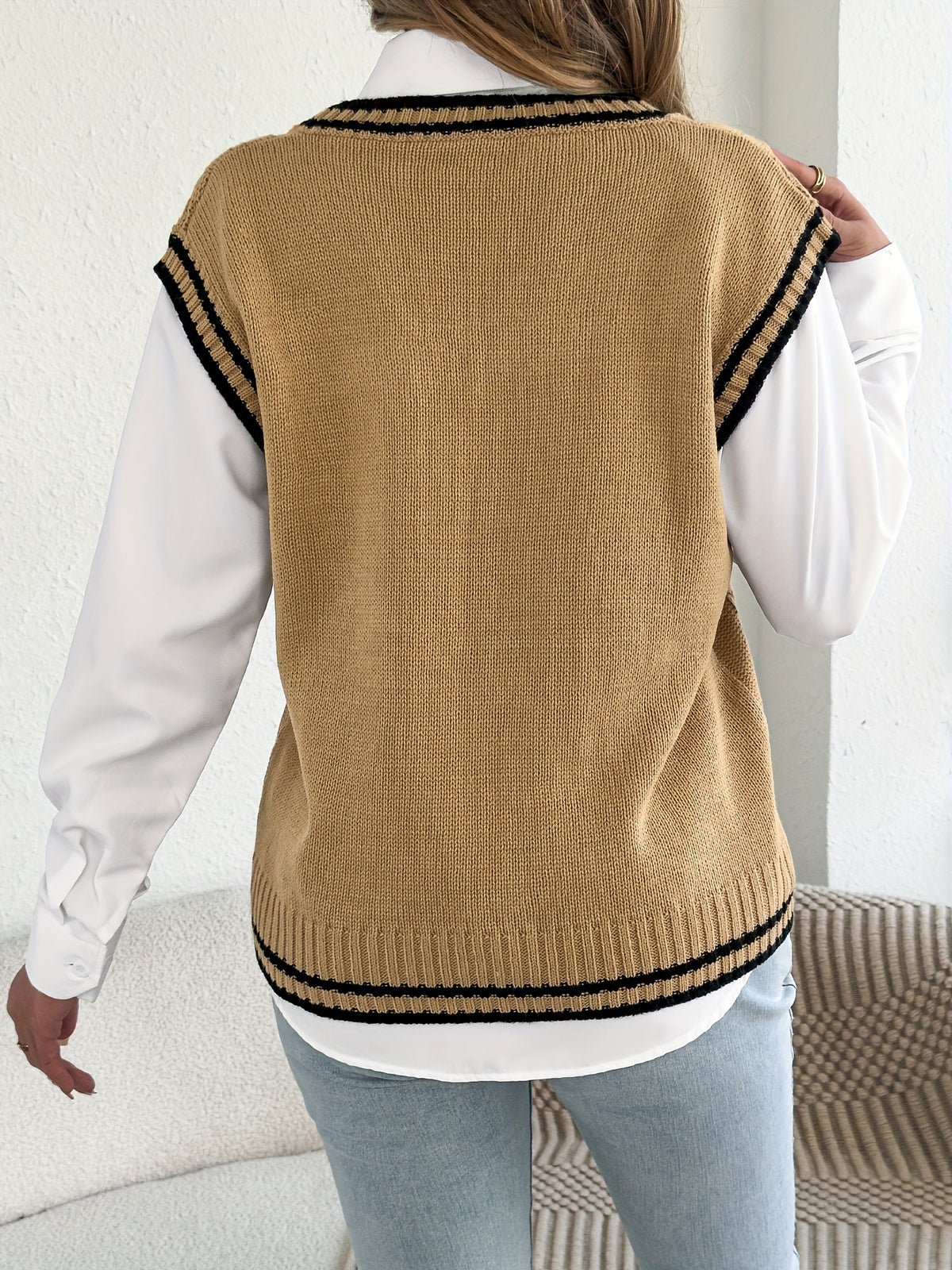 Chic Cable Knit Sweater Vest for Women with V Neck Sleeveless Varsity Stripe College Style