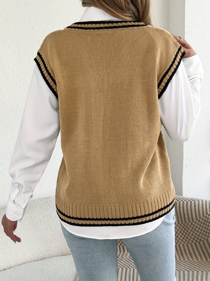 Chic Cable Knit Sweater Vest for Women with V Neck Sleeveless Varsity Stripe College Style