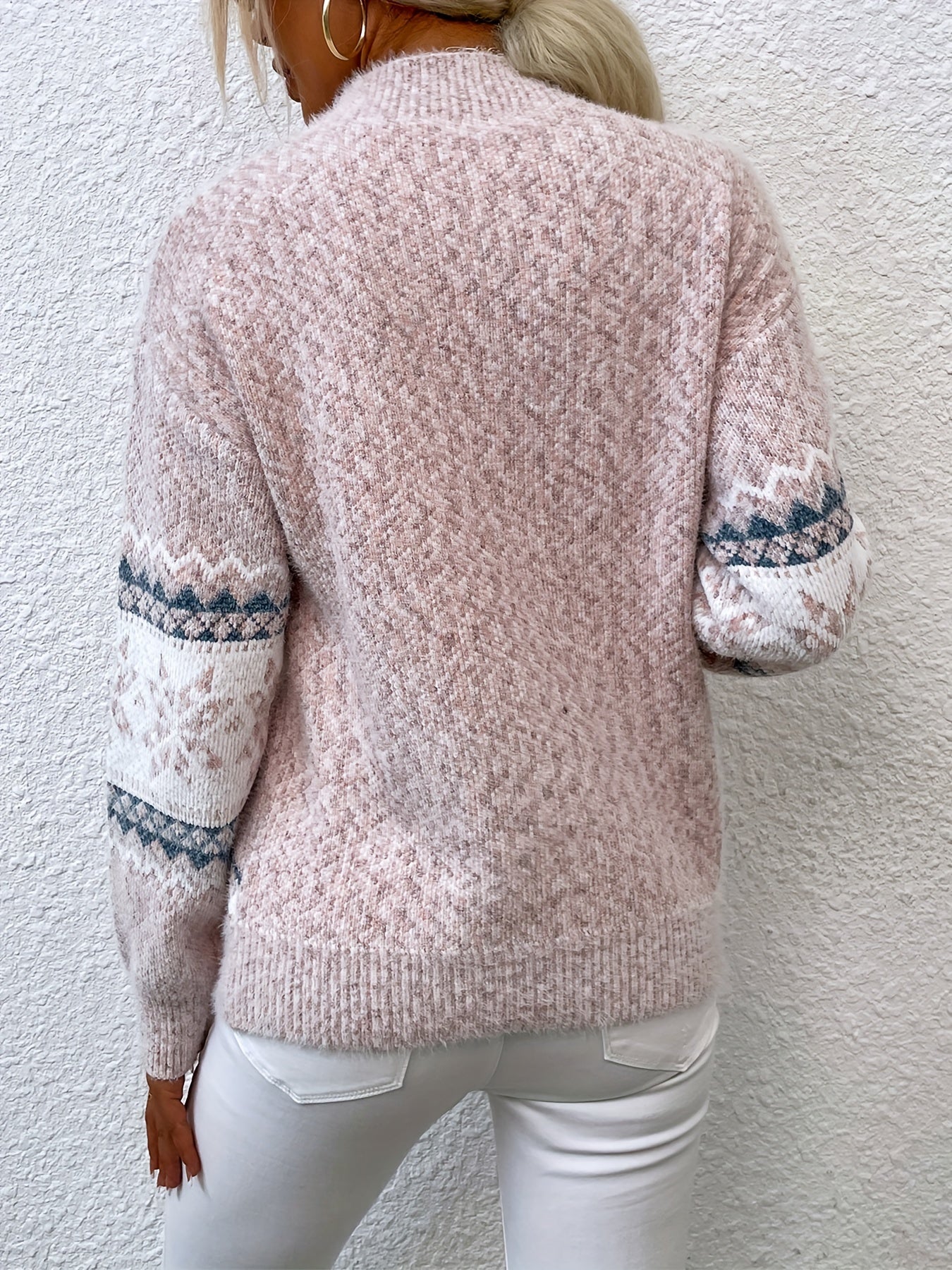 Cozy Women's Christmas Sweater with Mock Neck Long Sleeve Fair Isle Oversized Knit Style