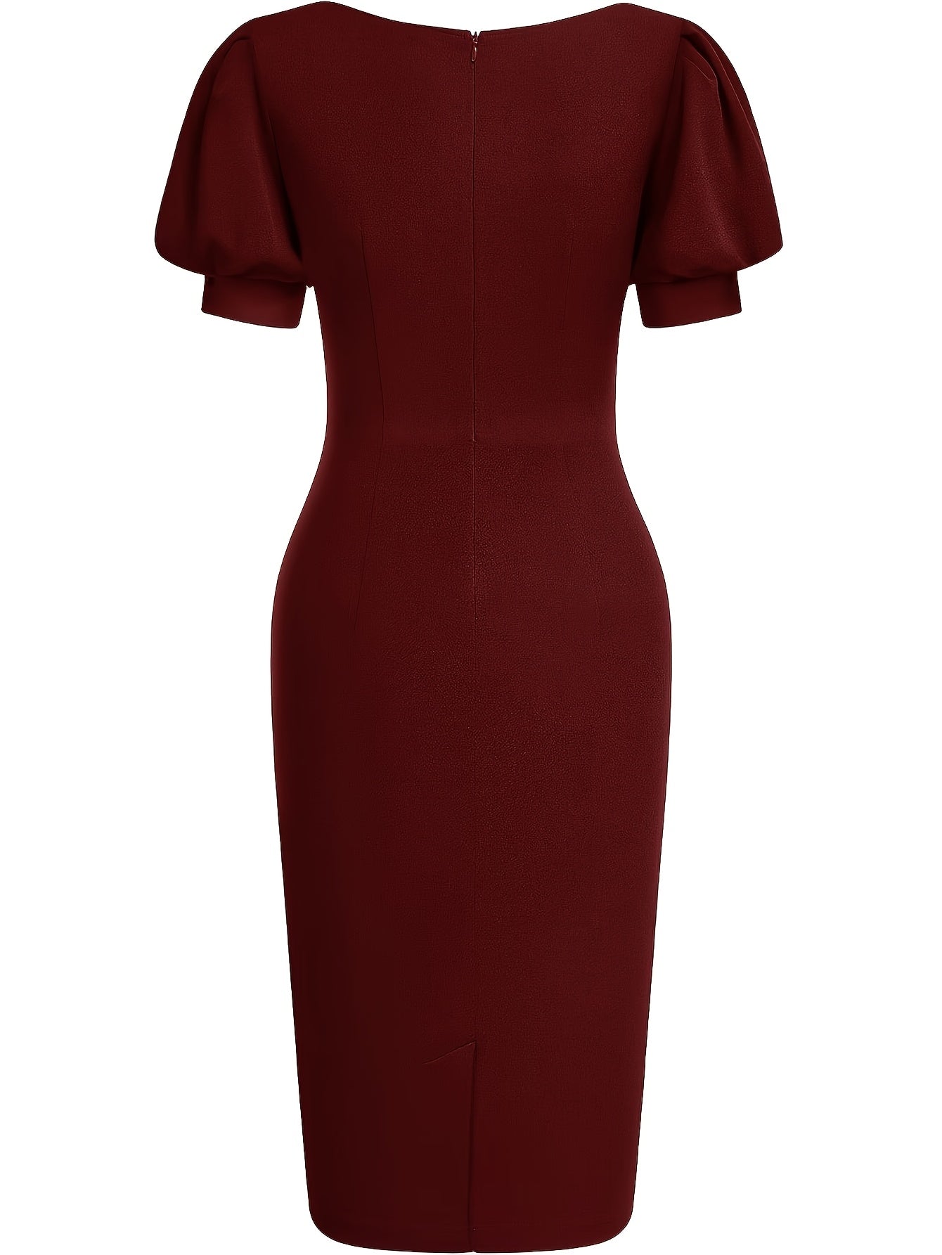 Elegant Cocktail Dress for Women with Scalloped V Neck Puff Sleeve Bodycon Knee Length Party Style