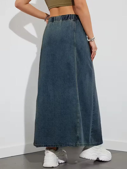 Effortless Denim Skirt for Women with High Waist Drawstring A Line Side Slit Style