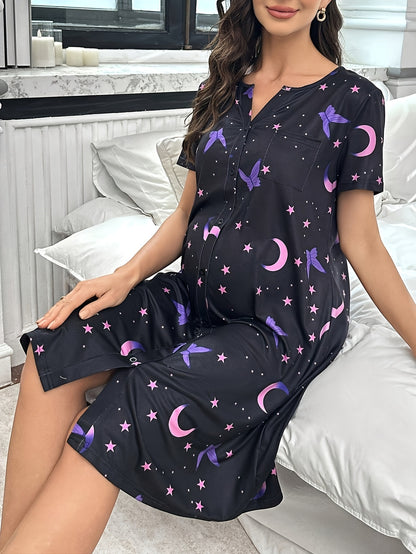 Comfortable Printed Maternity Nightgown for Women with Round Neck Short Sleeve Button Front Relaxed Style