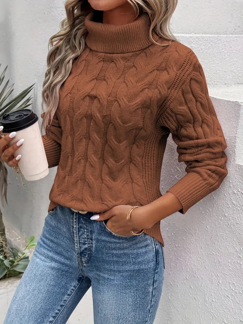Cozy Cable Knit Sweater for Women with Turtleneck Long Sleeve Ribbed Relaxed Pullover Style