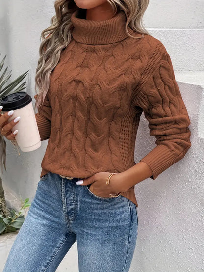 Cozy Cable Knit Sweater for Women with Turtleneck Long Sleeve Ribbed Relaxed Pullover Style