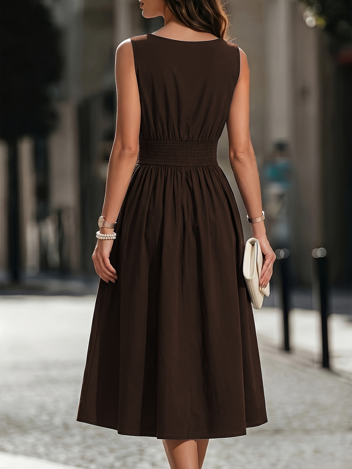 Refined Semi Formal Dress for Women with Round Neck Sleeveless Shirred Waist Fit and Flare Midi Party Style