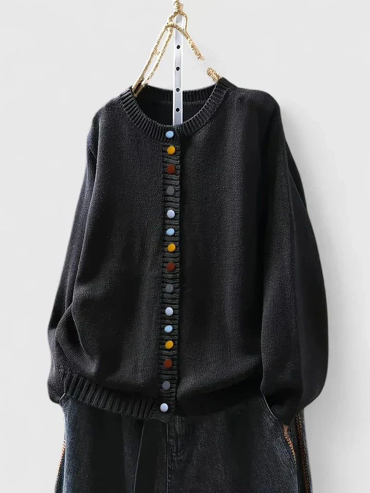 Cozy Knit Cardigan for Women with Crew Neck Button Front Long Sleeve Ribbed Trim Relaxed Style