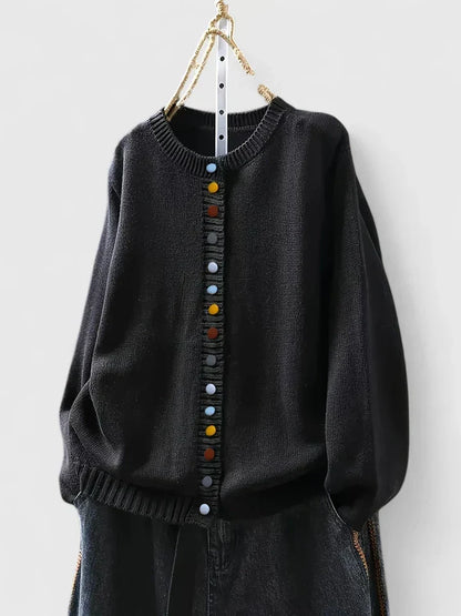 Cozy Knit Cardigan for Women with Crew Neck Button Front Long Sleeve Ribbed Trim Relaxed Style