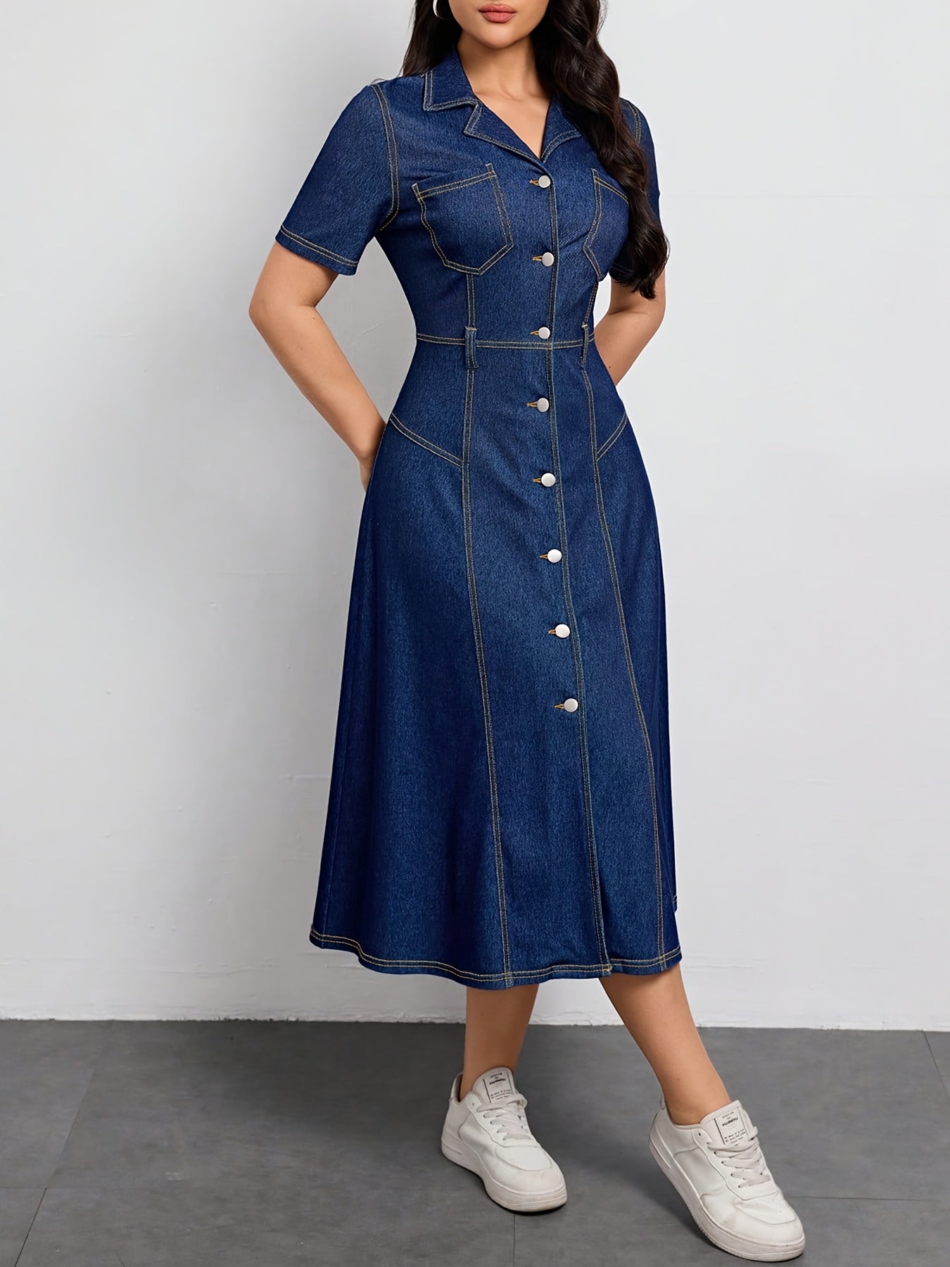 Effortless Blue Denim Dress for Women with Collar Belted Button Front Midi