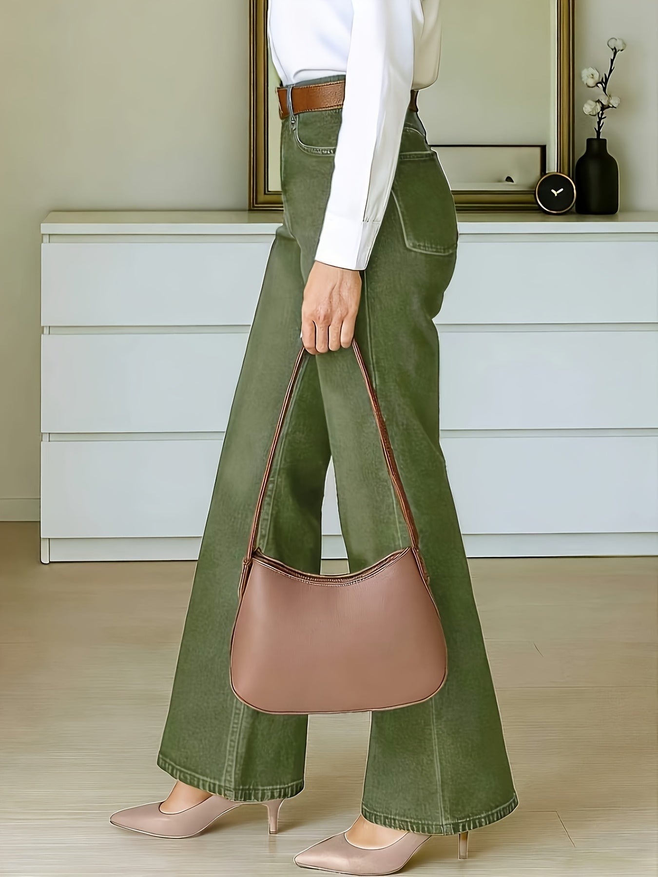 Effortless Fern Green Flare Jeans for Women with High Waist Stretch Wide Leg Style