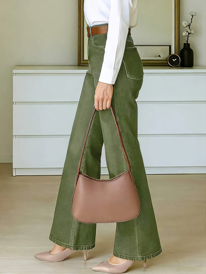 Effortless Fern Green Flare Jeans for Women with High Waist Stretch Wide Leg Style