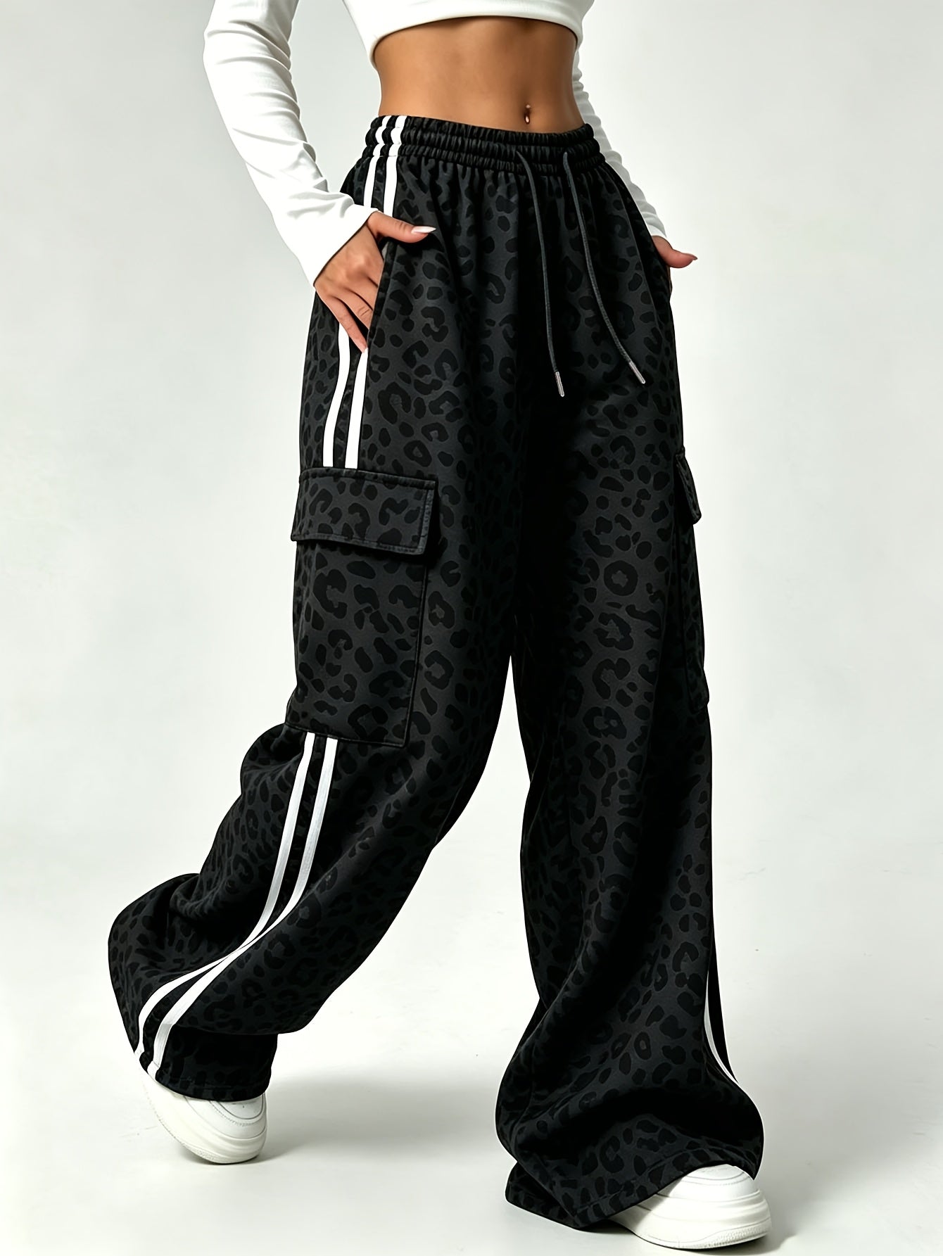 Effortless Leopard Print Cargo Pants for Women with High Waist Drawstring Wide Leg Relaxed Style
