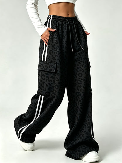 Effortless Leopard Print Cargo Pants for Women with High Waist Drawstring Wide Leg Relaxed Style