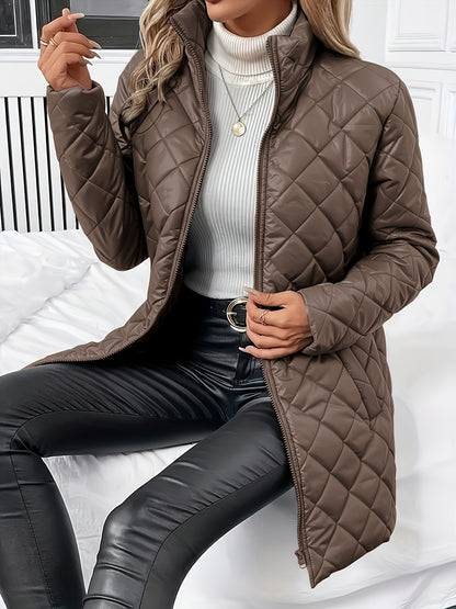 Elegant Coffee Brown Quilted Coat for Women with Stand Collar Long Sleeve Zip Front Longline Style