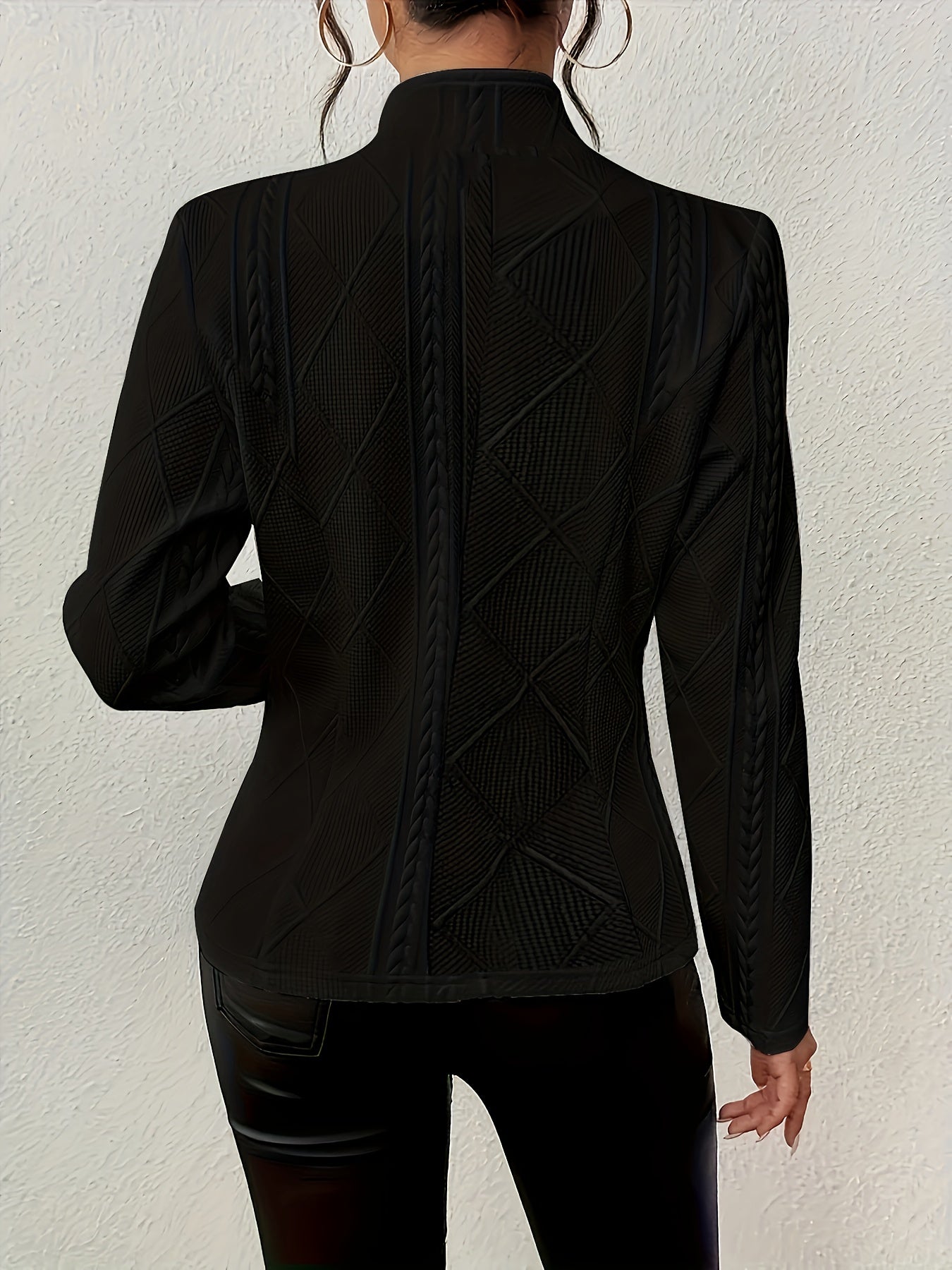 Elegant Cable Knit Cropped Jacket for Women with Stand Collar Long Sleeve Button Front Fitted Style