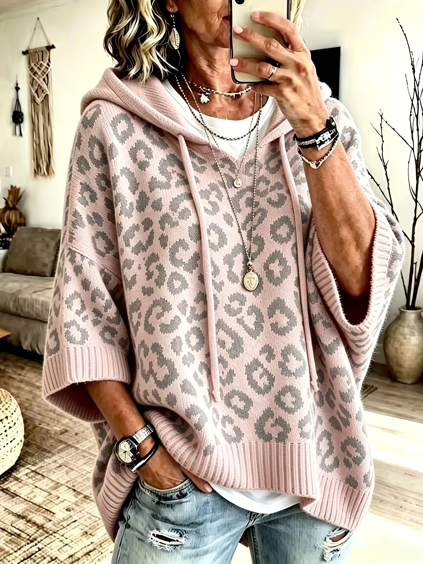 Comfortable Leopard Print Oversized Hoodie for Women with Hooded Neck Batwing Sleeve Drawstring Knit Style