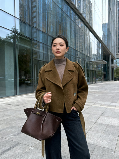 Elegant Coffee Brown Pea Coat for Women with Notch Lapel Long Sleeve Belted Oversized Style