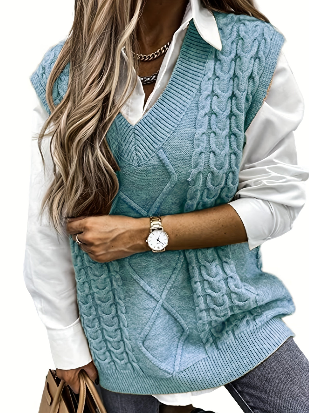 Cozy Cable Knit Sweater Vest for Women with V Neck Sleeveless Oversized Relaxed Style