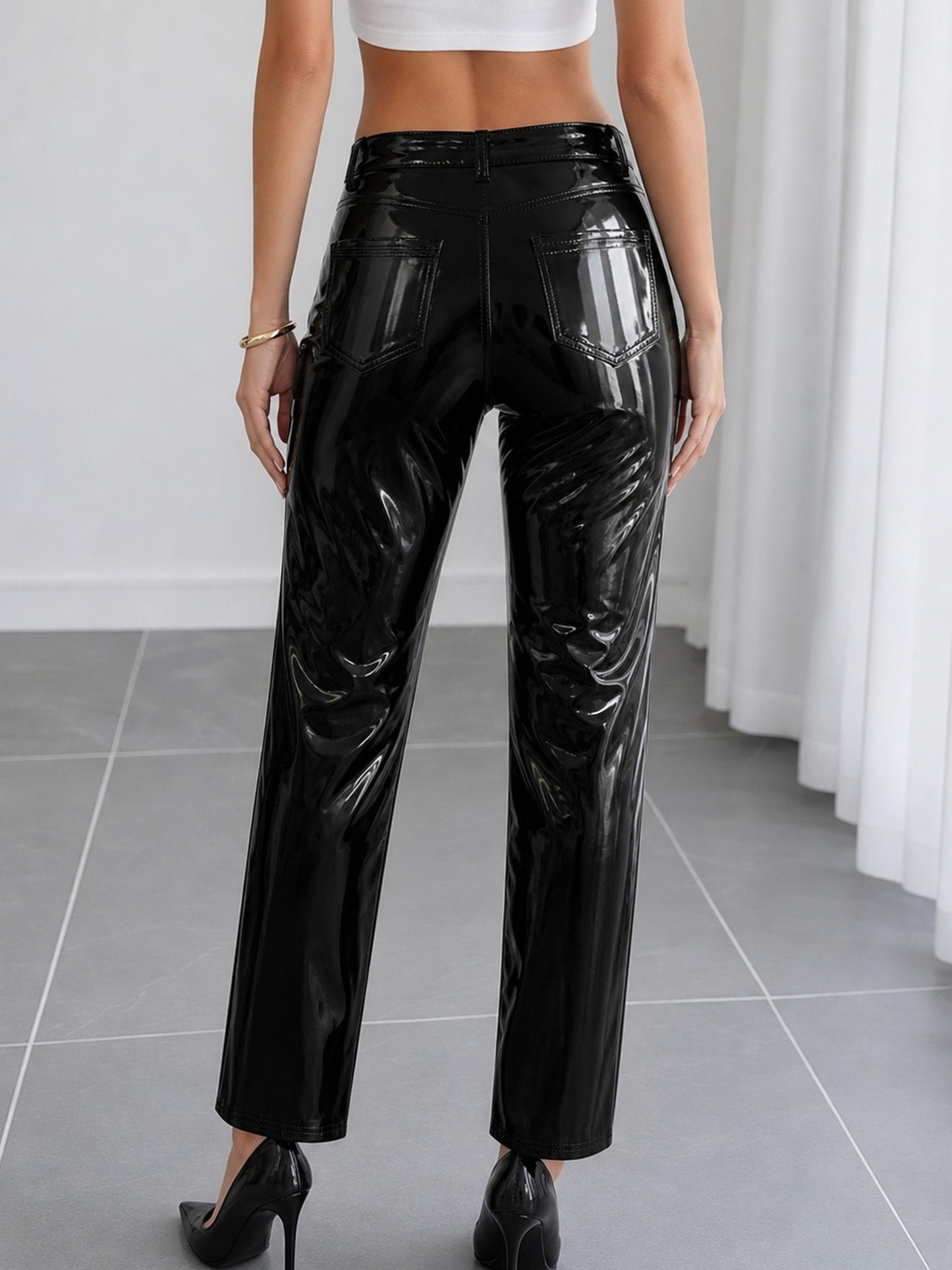 Elegant Black Leather Pants for Women with High Waist Straight Leg Glossy Patent Style