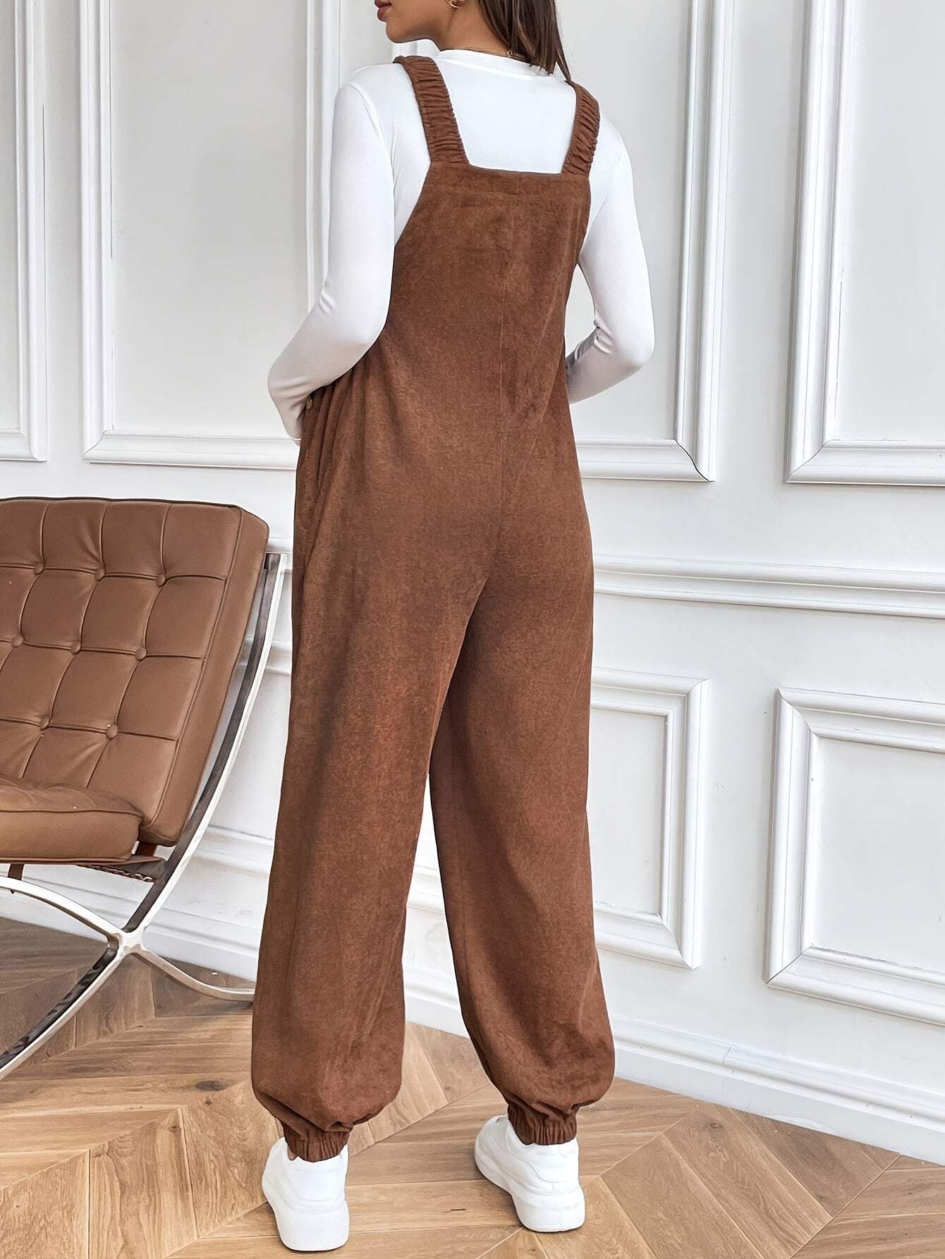 Effortless Corduroy Maternity Overalls for Women with Square Neck Sleeveless Wide Leg Relaxed Style