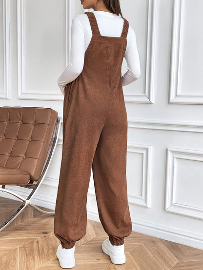 Effortless Corduroy Maternity Overalls for Women with Square Neck Sleeveless Wide Leg Relaxed Style